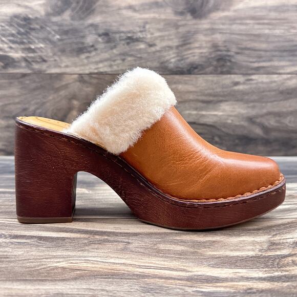 NIB Born Hope 8M Shearling-Lined Open Back Heeled Leather Clogs Brown Tan - Picture 6 of 11